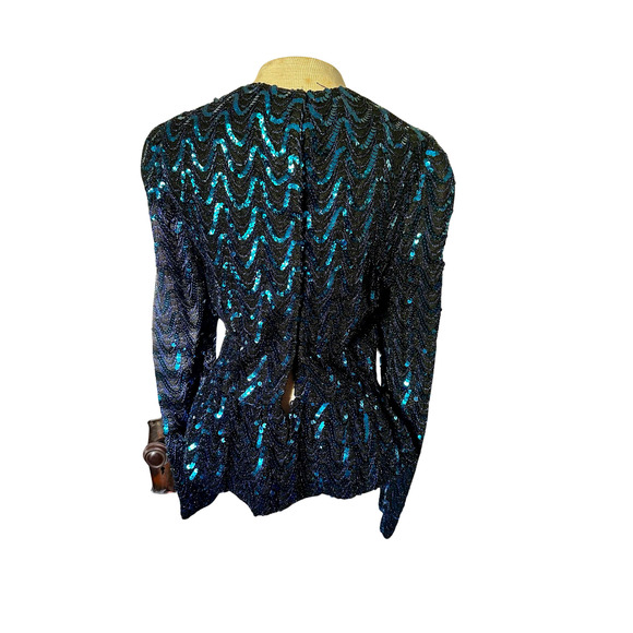 Blue Sequin Peplum Vintage Partique Blouse Small - Picture 6 of 10